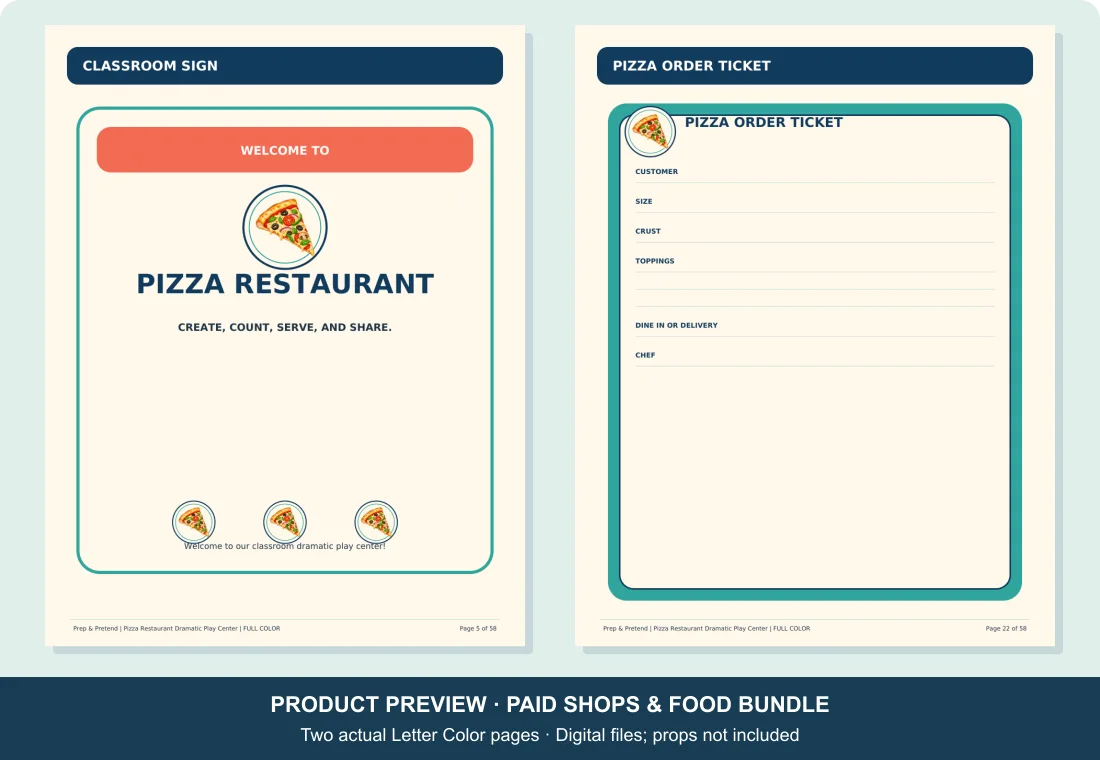 Actual pizza restaurant sign on page 5 and Pizza Order Ticket on page 22 of the paid Letter Color kit.
